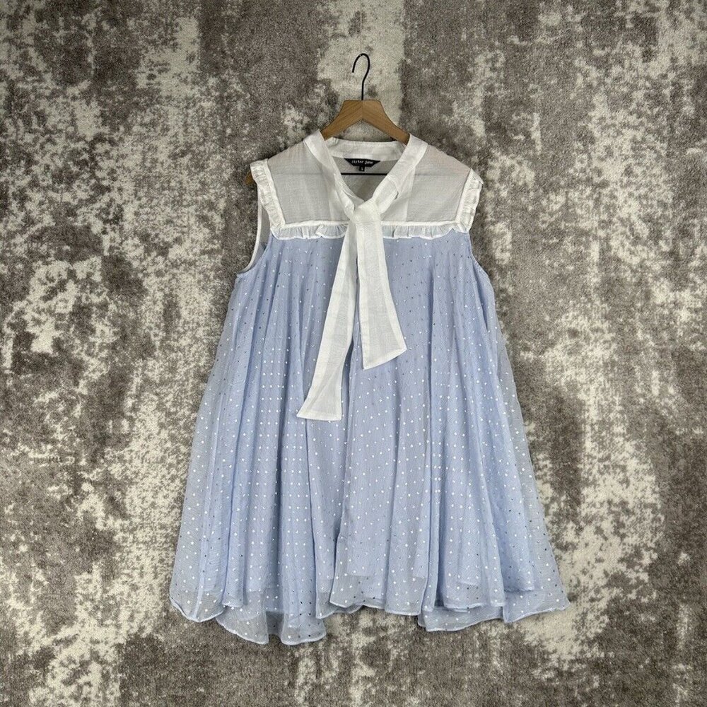 Sister Jane Dress Large Womens Organza Blue White Sheer Front Tie Metallic Stars
